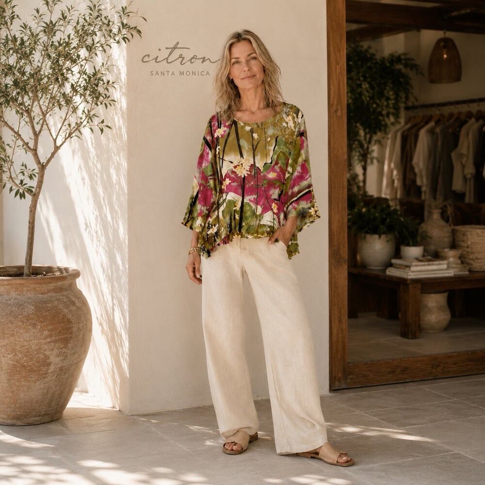 Citron Santa Monica Floral 100% Silk Top & Matching Scarf Boho Resort Art Wear